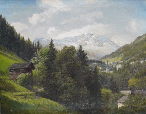 Konrad Petrides (Austrian, 1864-1944), oil on canvas, Mountainous alpine landscape, signed, ornate gilt framed, 41 x 51cm. Condition - fair